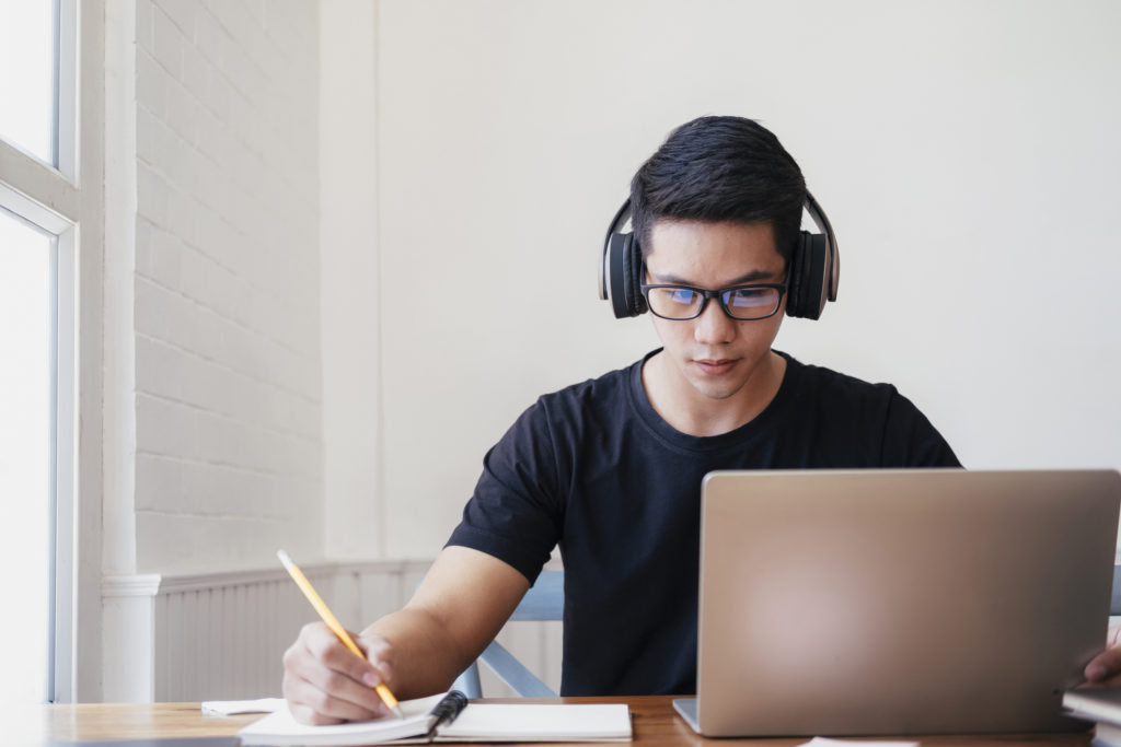 Young man student study at home