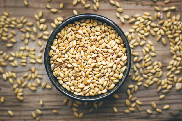 Wheat grains in bowl and wheat popcorn in bowl, wheat seed rustic