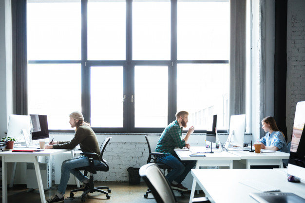Young colleagues work in office using computer