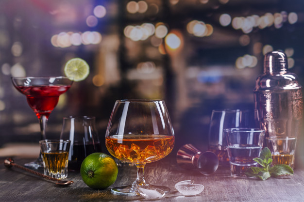 Strong alcohol drinks in bar 
