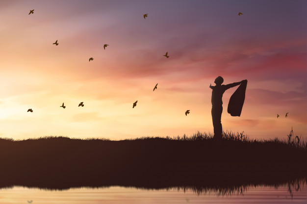 silhouette-businessman-enjoying-sun-shining-with-flying-birds