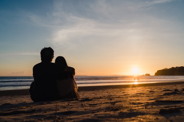 couple watching sunset near beach, sweet couple happy relax enjoy love and romantic moment