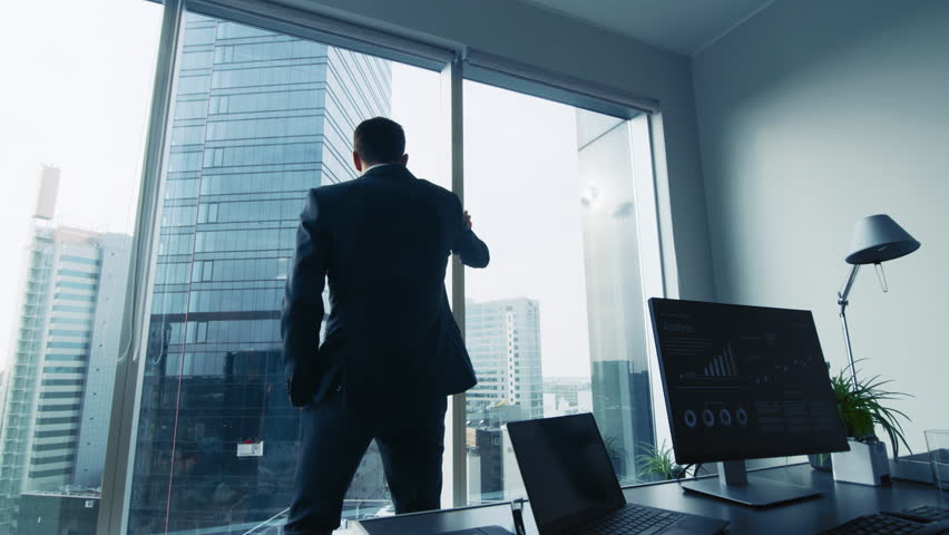 Thoughtful Businessman Wearing Suit Standing Good Habits of man Successful
