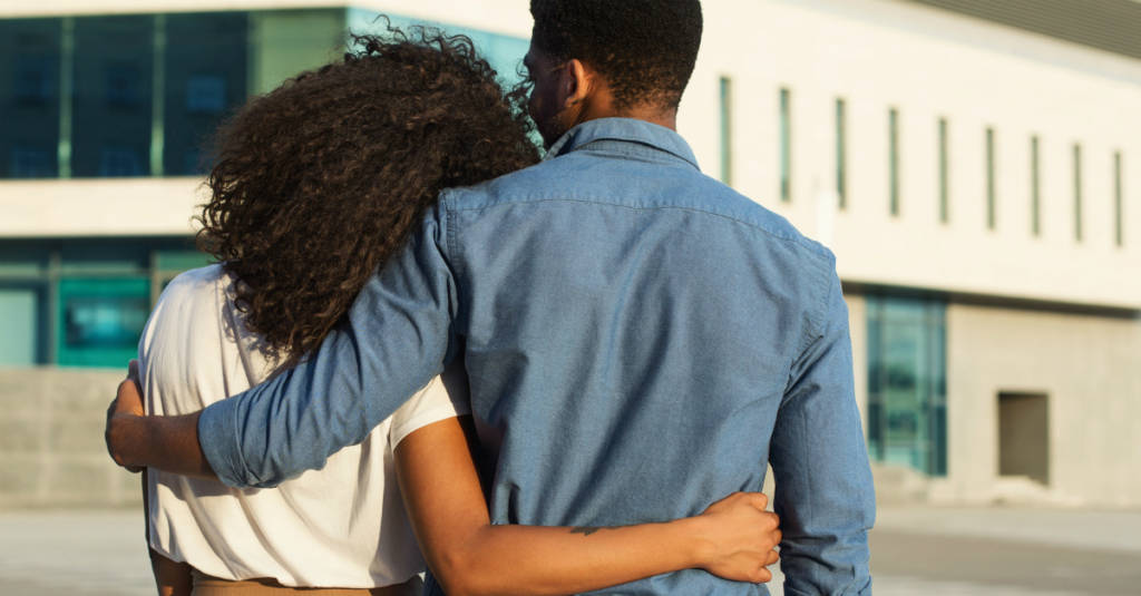 happy couple hugging  