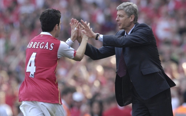 PIC ALAN WALTER 140407 Premiership ARSENAL V BOLTON WANDERERS CESC FABREGAS CELEBRATES HIS GOAL WITH ARSENE WENGER