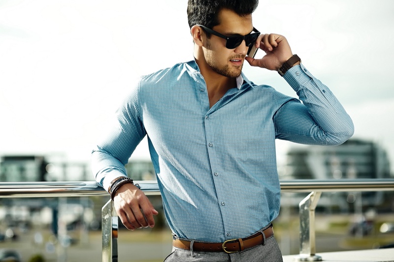 Male-Model-Blue-Button-Up-Shirt-Phone