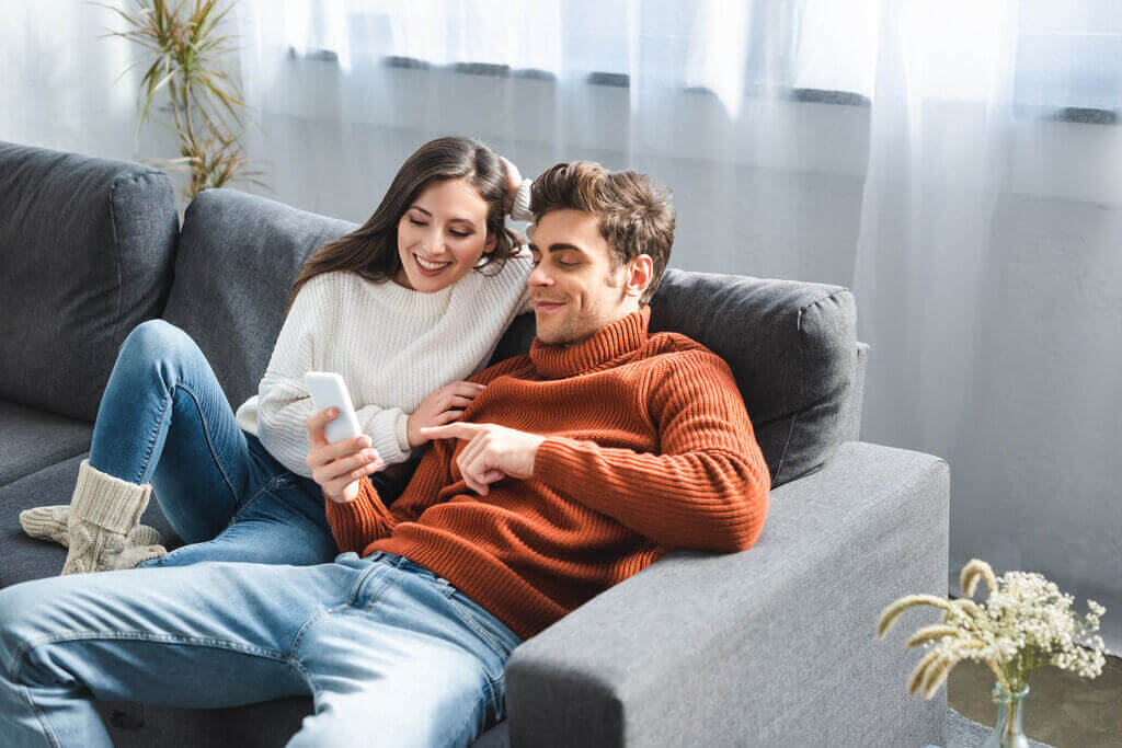 couple looking at phone