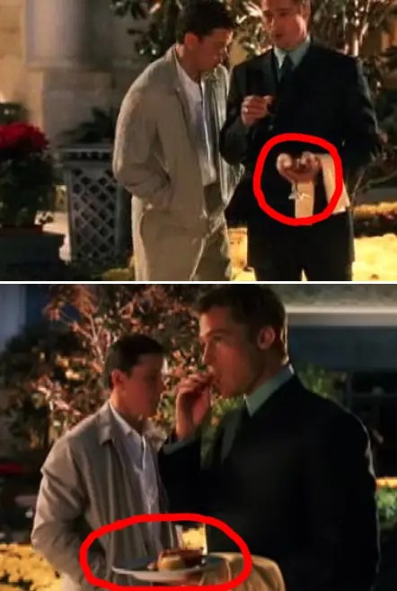 Brad Pitt's shrimp cocktail container changes from a glass to a plate