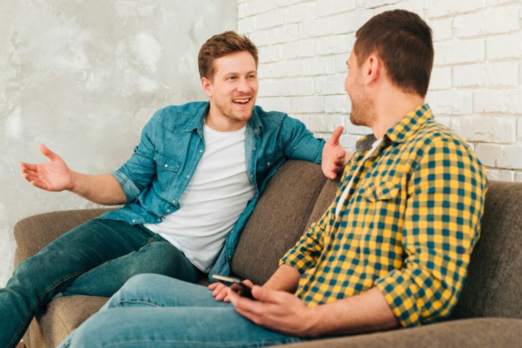 man discuss with friends