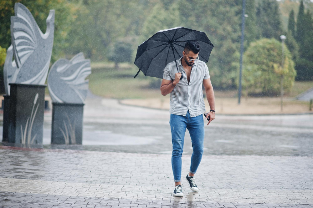 man walking in the rain
